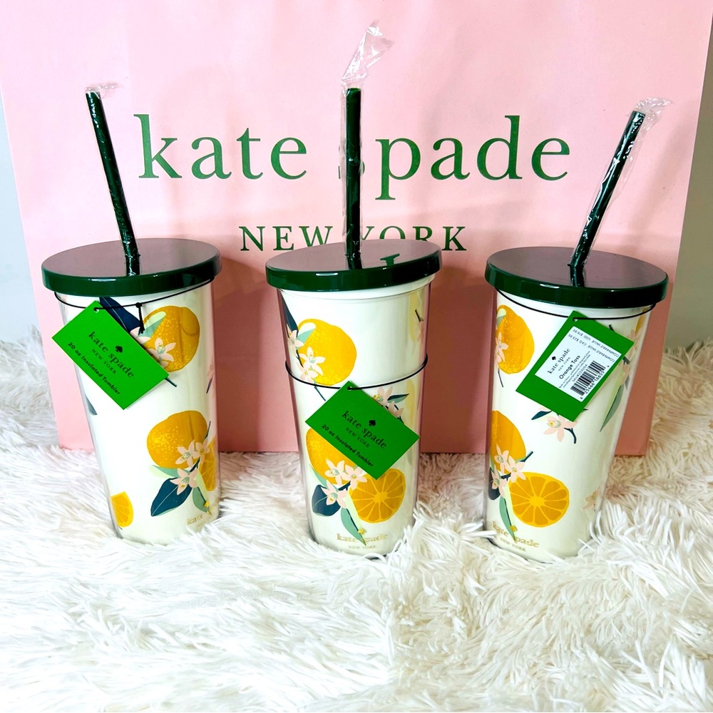 Kate Spade New York Insulated 20 Oz Tumbler With Straw, Orange Toss